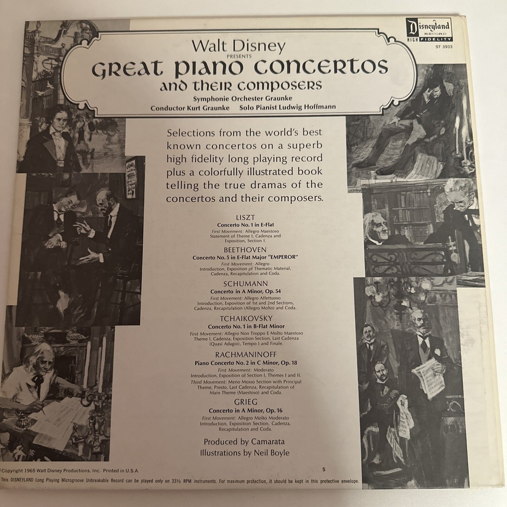 Walt Disney, 1965 Great Piano Concertos And Their Composers LP Record 3933 - Picture 3 of 16